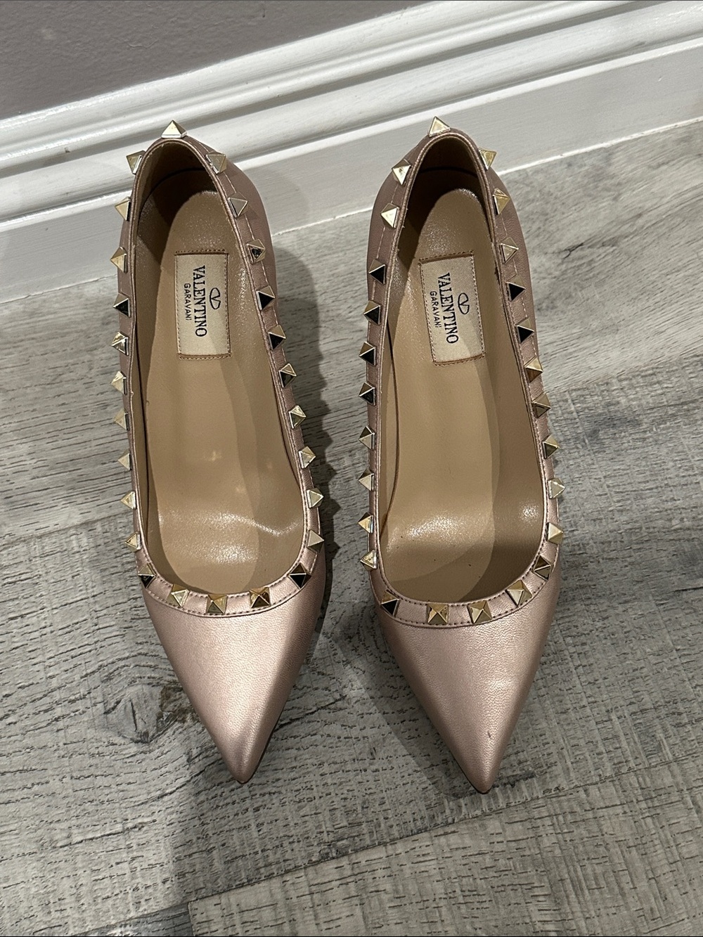 Valentino Rockstud Pointed Ballet Flat in Rose Gold
